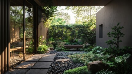  A garden featuring a bench in its center, surrounded by abundant greenery beyond the building