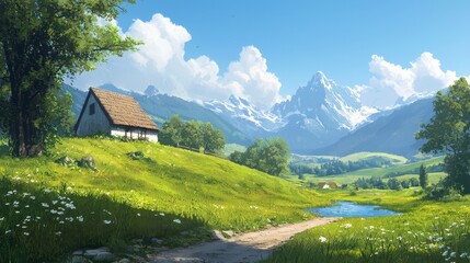  A house painting on a grassy hill with a stream in the foreground and mountains as the backdrop