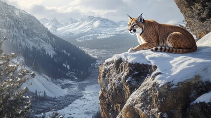 Bobcat perched on snowy mountain peak overlooking winter valley