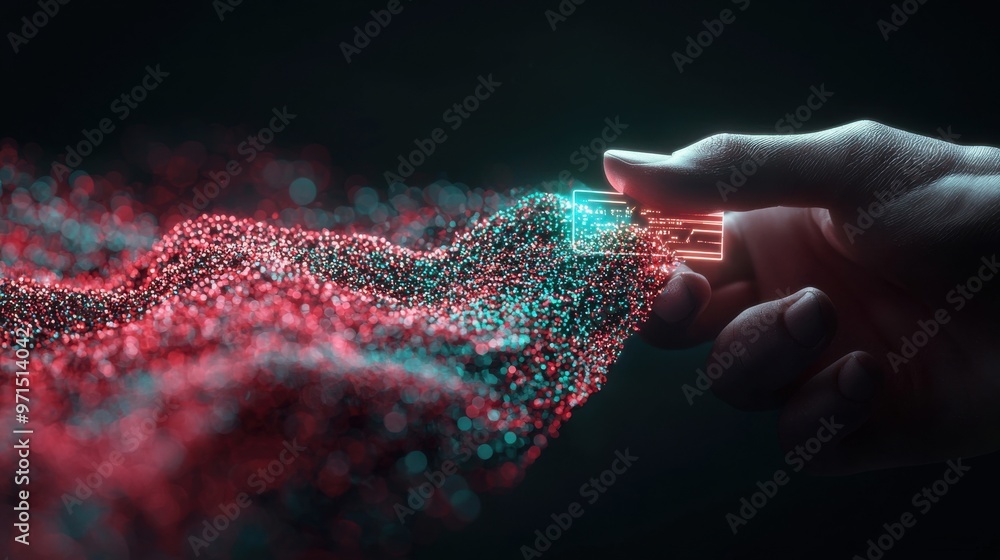 Poster a hand holding a glowing keycard that unlocks a door made of abstract, flowing data streams, access 