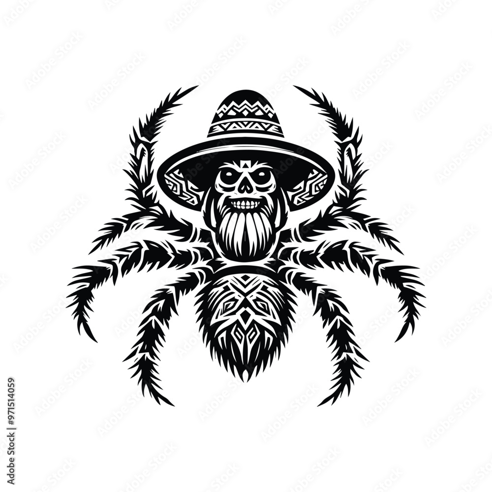 Sticker spider in bohemian black and white silhouette illustration