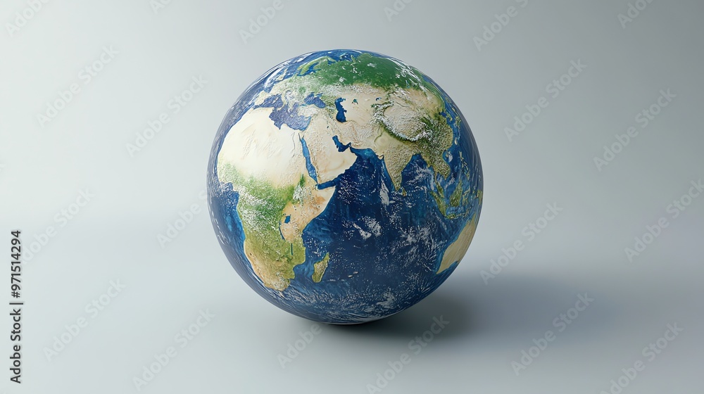 Poster a 3d rendering of planet earth, showing the continents and oceans in detail.