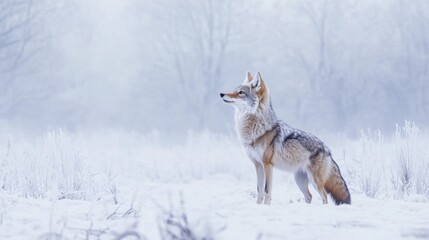 Naklejka premium Coyote Standing in a Snowy Winter Forest