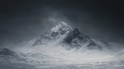  A monochrome image of a snow-capped mountain against a backdrop of ominous dark sky and hovering clouds in the foreground