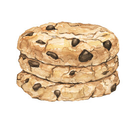 Stack of three home made chocolate chip cookies isolated on white background. Watercolor hand drawn illustration