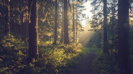  A sunlit path weaving through the forest, trees framing bright rays behind