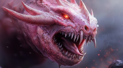 Obraz premium A tight shot of a dragon's fiery-red eyed head against a dark backdrop, displaying its menacingly sharp teeth
