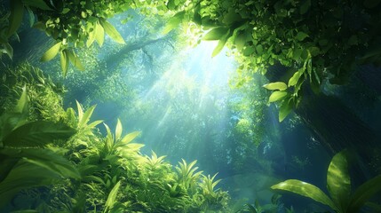  The sun filters through a forest's dense canopy of green leaves, surroundingly filled with plants, with water on both sides