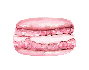 One pink macaroon isolated on white background. Watercolor hand drawn illustration..