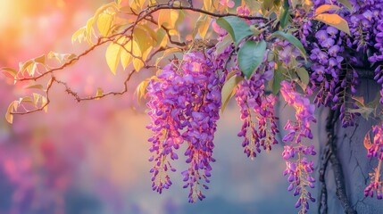  A tight shot of purple blossoms on a tree limb against a sunlit backdrop, with a softly blurred background