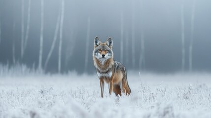 Obraz premium A Lone Coyote in a Frosted Winter Forest
