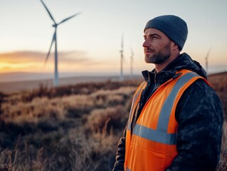 Engineer in safety vest standing confidently before wind turbines and clear sky, renewable technology vision with realistic photo and captured with Canon EOS 5D Mark IV, 125mm lens