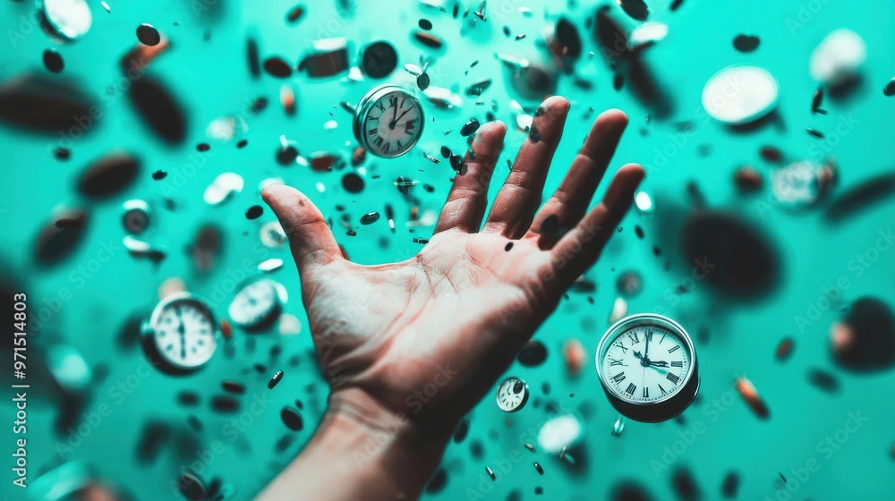 Poster a hand reaching out to catch a falling clock, surrounded by floating, fragmented timepieces, represe