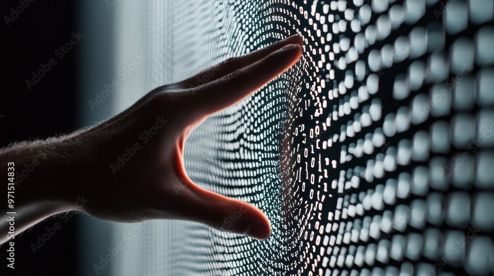 Poster a hand reaching out to touch a mirror, with the reflection made up of binary code, suggesting the di