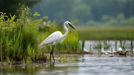 Naklejka premium A large white bird perches on the water's edge, beside a lush, green grass-covered shoreline