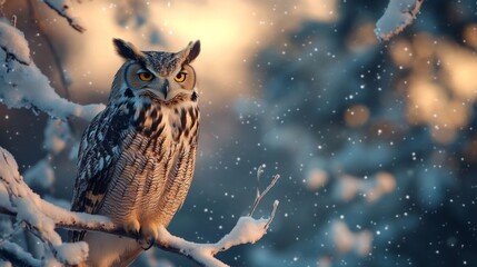 A Eurasian Eagle-Owl Perched on a Snowy Branch with a Blurred Background