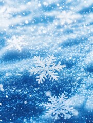 Blue Winter Wonderland. Festive Snowflakes on Snow-Covered Ground