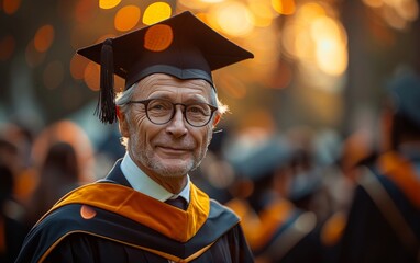 An elderly graduate in a black university robe Demonstrate educational achievement at every age.
