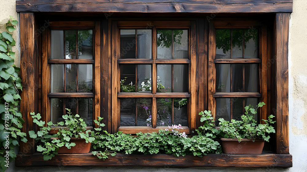 Poster a rustic wooden window adorned with potted plants, adding charm to the architecture.