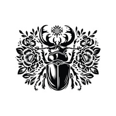 stag beetle in folk art black and white silhouette illustration