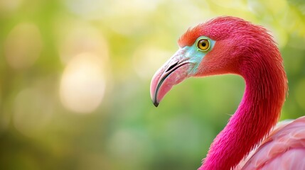 Fototapeta premium A tight shot of a pink flamingo amidst blurred trees and bushes