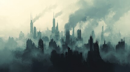 Fototapeta premium A Smoggy Cityscape with Tall Buildings and Fog