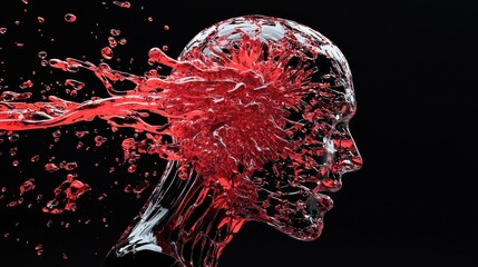 Fototapeta premium A human figure made of fragile glass, cracking and shattering as waves of intense red and black energy surge around them, emotional and mental exhaustion
