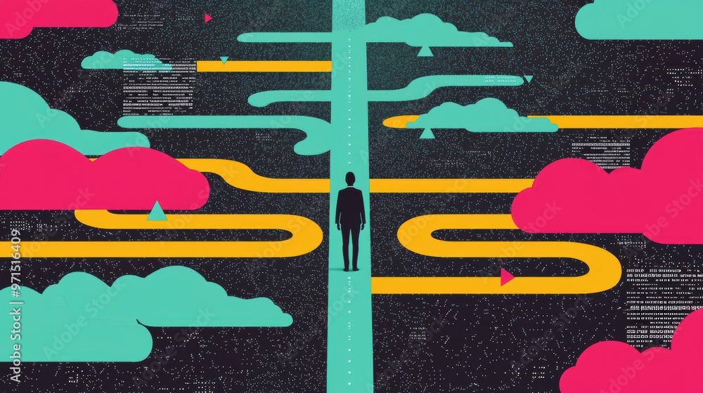 Poster a human figure standing at a crossroads, each path leading to abstract shapes and forms various outs