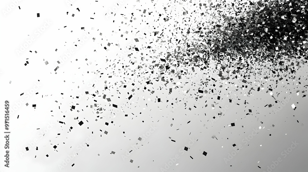 Poster a scattering of black glitter particles against a light background, creating a dynamic effect.