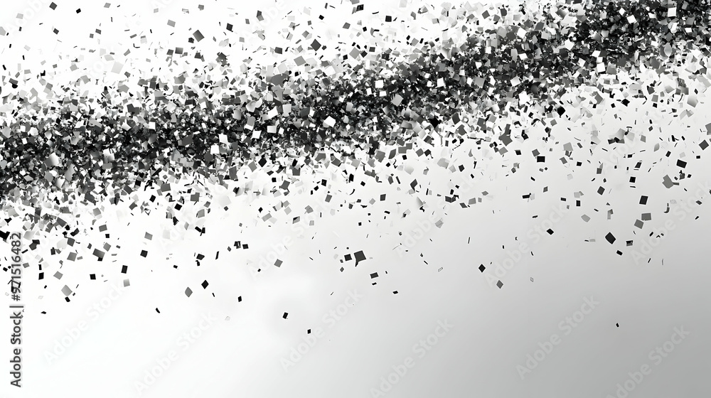Poster a scattering of shimmering particles against a light background, creating a dynamic visual effect.