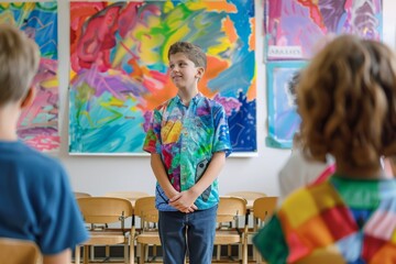 The children presented colorful art drawings printed on the walls in his classroom. Let other friends listen