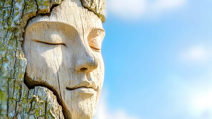 Fototapeta premium Carved Wooden Face in Tree with Blue Sky