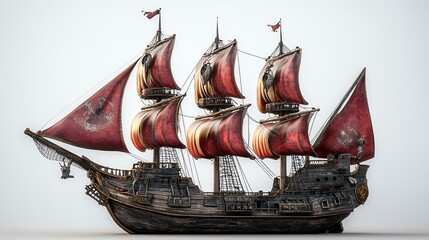 A detailed 3D model of a majestic sailing ship with red sails.