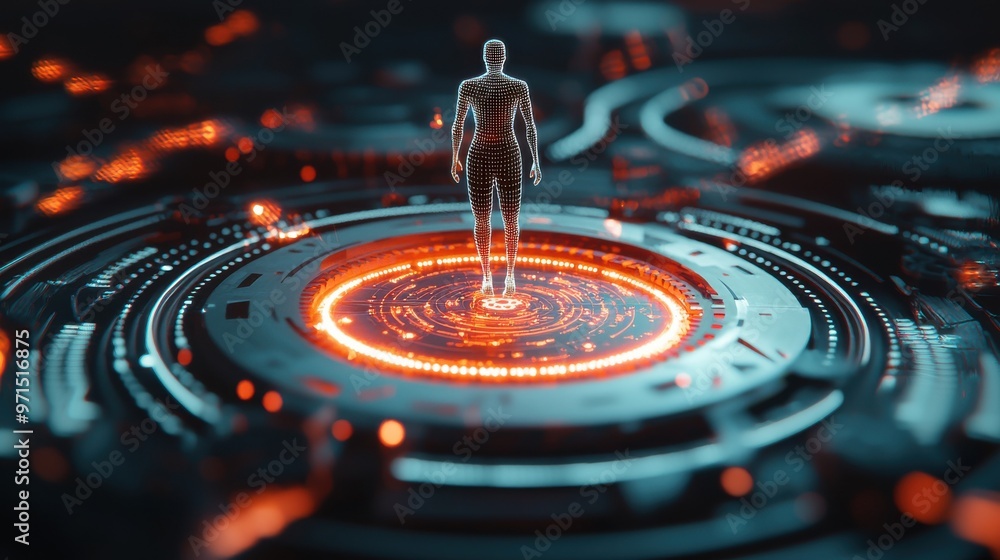 Poster a human figure standing on a glowing platform, surrounded by spinning gears and data charts, efficie