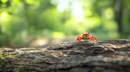 Obraz premium A crab perched atop a tree trunk in the forest, backdrop of trees and grass softly blurred