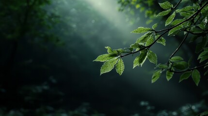 Fototapeta premium A tight shot of a leafy tree branch against a dark, foggy backdrop as sunlight filters through the leaves