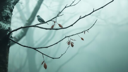  A bird perches on a leafless tree branch in the foggy, tree-lined area