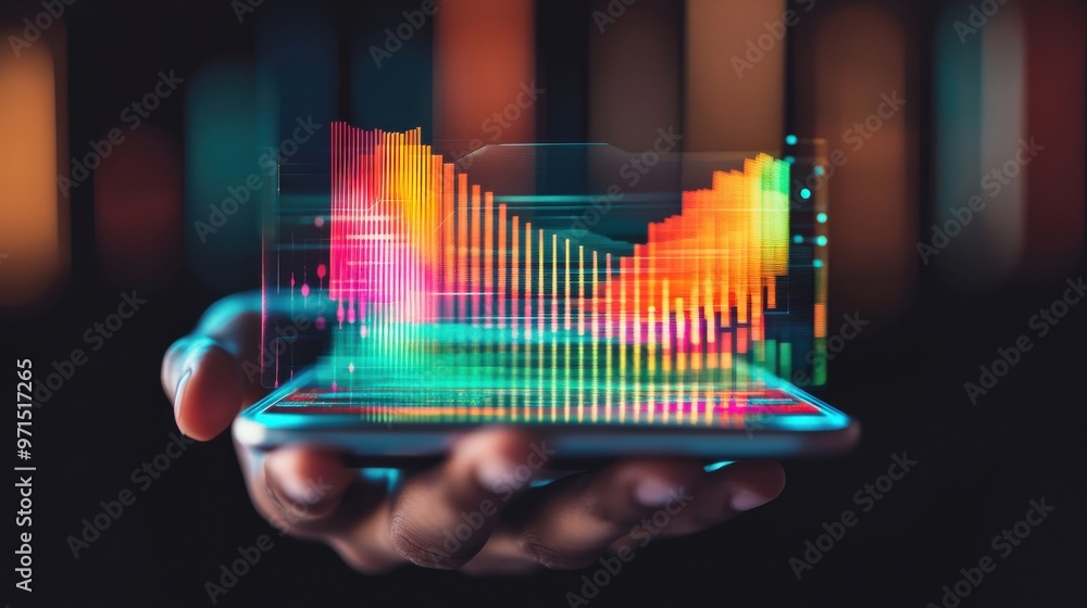 Poster a human hand holding a futuristic tablet with a holographic chart showing two unequal bars, represen