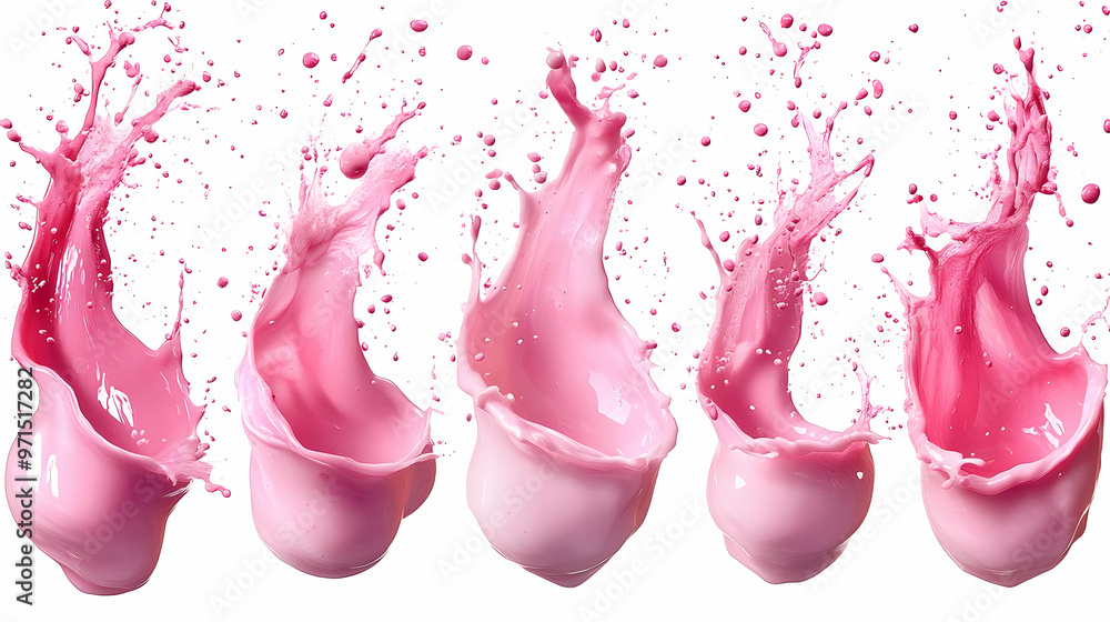Poster a sequence of pink liquid splashes captured in motion, showcasing fluid dynamics and color.