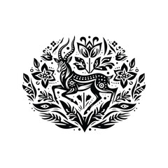 Antelope in folk art black and white silhouette illustration