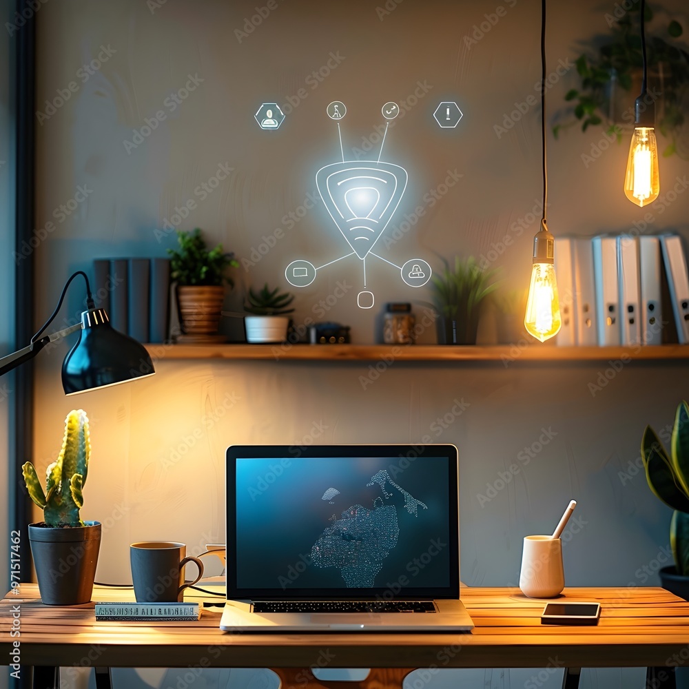 Poster interconnected smart home office setup enhancing remote work efficiency