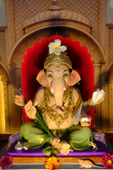 Fototapeta premium 07 September 2024, Newly made idols of the God known as Ganesha or Ganapati for sale at a shop on the eve of Ganesh festival in Pune, India.