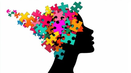 A human silhouette made of puzzle pieces, with new pieces being added in bright colors, representing the continuous personal and professional growth of leadership