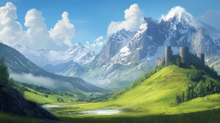 Fototapeta premium A mountain scene painting with a castle in the foreground and a central lake