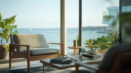 Obraz premium A cozy living room featuring a plush chair and a wooden table, upon which sits an open book Through the window, the serene reflection of a body of water is visible