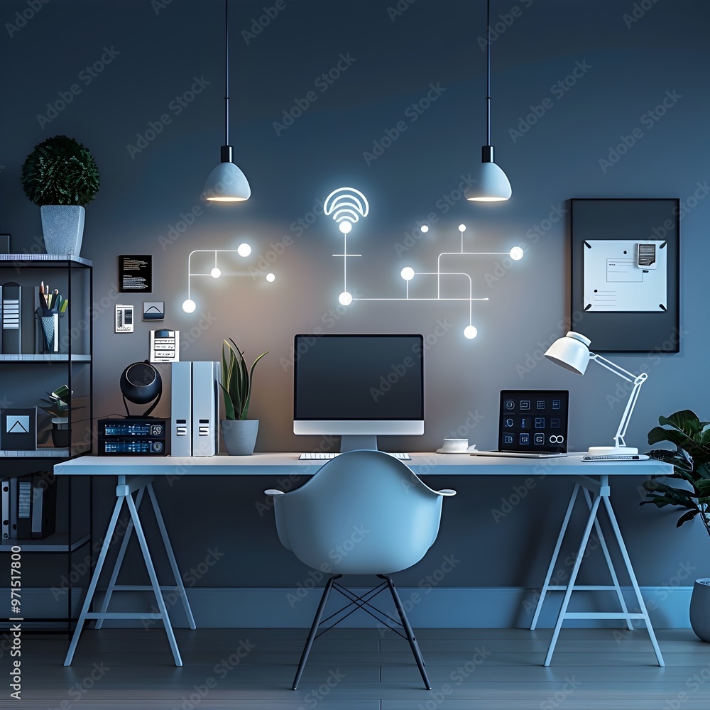 Poster interconnected home office setup with smart productivity tools enhancing remote work efficiency