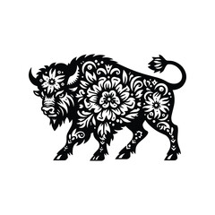 Obraz premium Bison in folk art black and white silhouette illustration