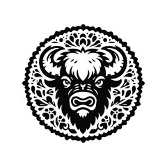 Fototapeta premium Bison in folk art black and white silhouette illustration