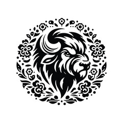 Fototapeta premium Bison in folk art black and white silhouette illustration
