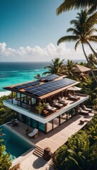 Fototapeta premium eco villas by the ocean with solar panels on the lid, vertical orientation, phone background, ai generated, ai